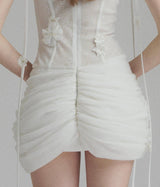 flower embellished puff hem slim mini dress in white