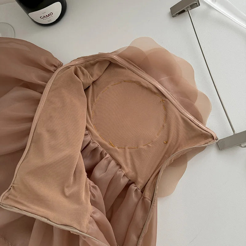 ALISA FLOWER TULLE STRAPLESS MINI DRESS IN BROWN