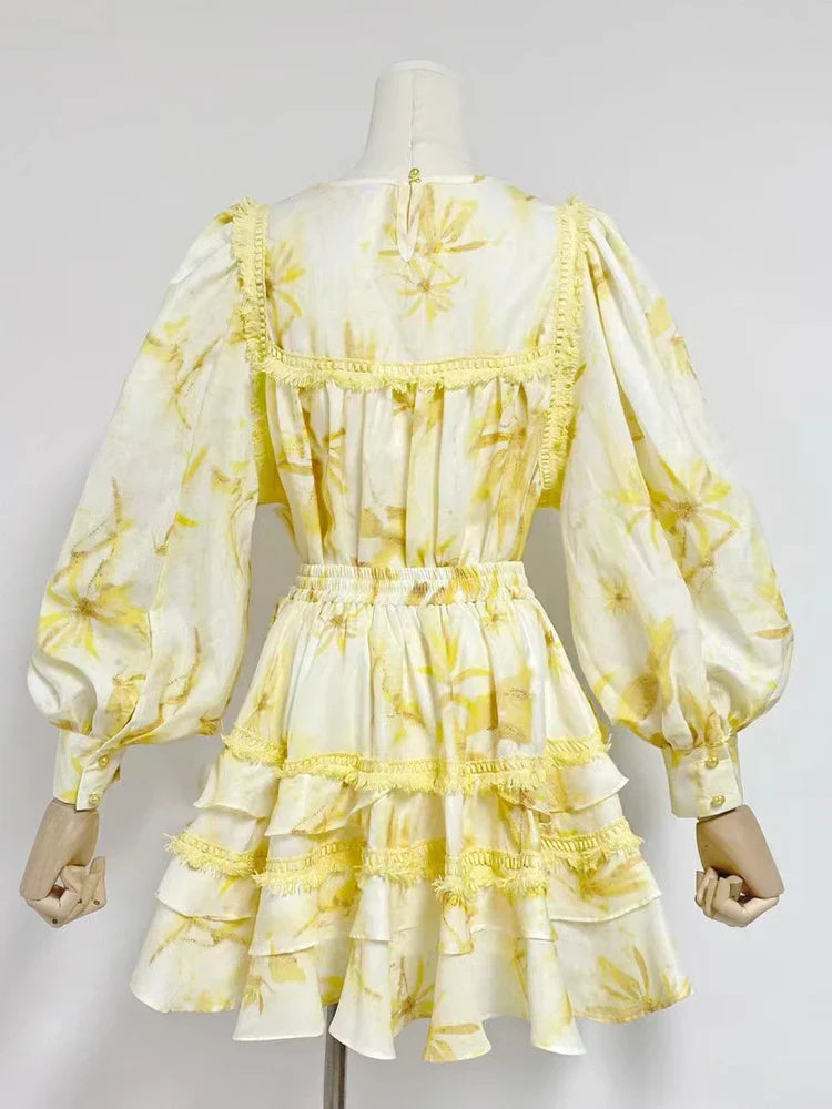 AIIZIE MABEL LAYER TRIM PRINT LANTERN SLEEVE MINI DRESS IN YELLOW - product image
