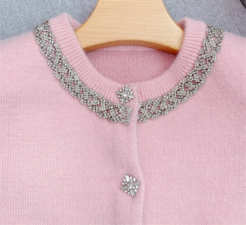 RHINESTONE-EMBELLISHMENT PADDED-SHOULDERS KNITTED CARDIGAN IN PINK
