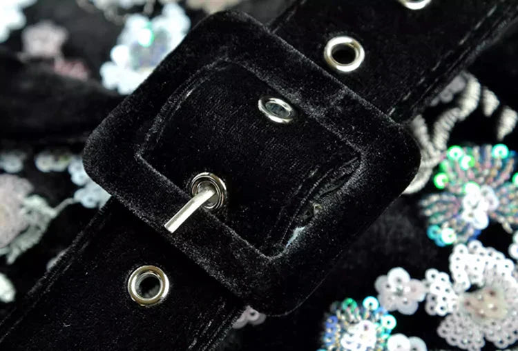 SEQUIN EMBROIDERED VELVET MIDI DRESS IN BLACK