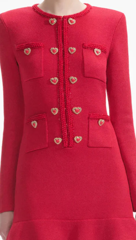 BETTY PATCH-POCKET ROUND-NECK KNITTED MINI DRESS IN RED