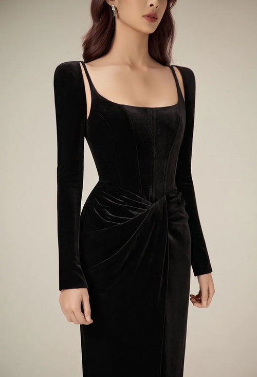 BLACK VELVET DRAPED MIDI DRESS