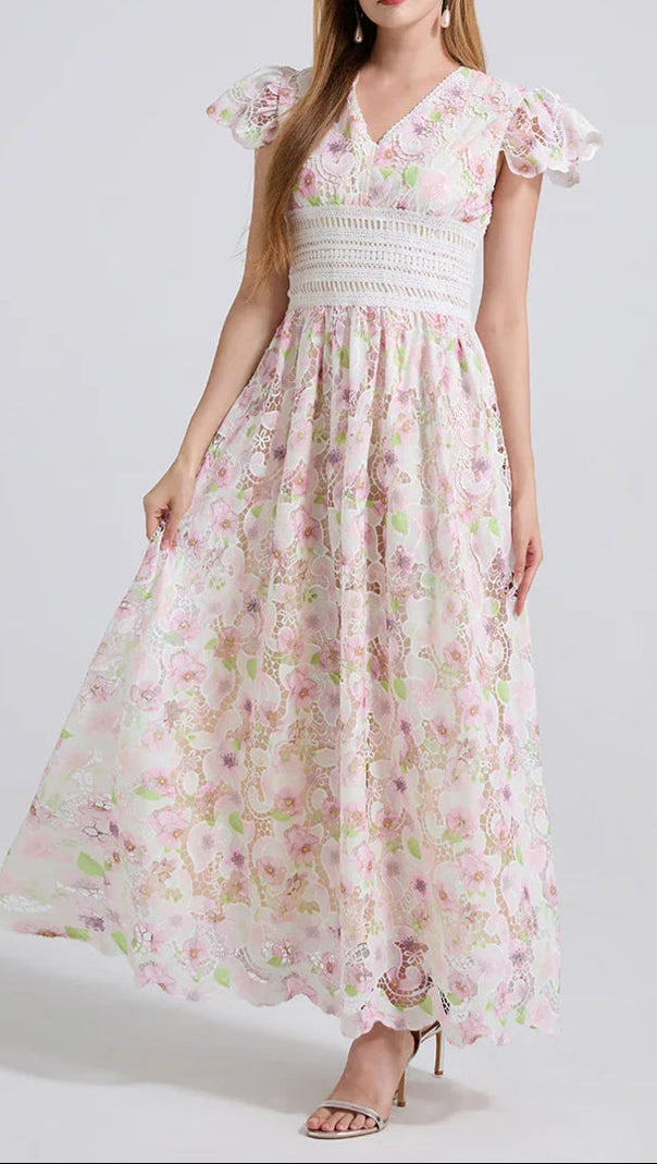 AIIZIE FLYING SLEEVES HIGH WAIST SLIM FIT FLORAL LACE DRESS - product image