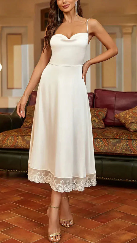 SATIN LACE PANELLED SUSPENDER MIDI DRESS IN WHITE