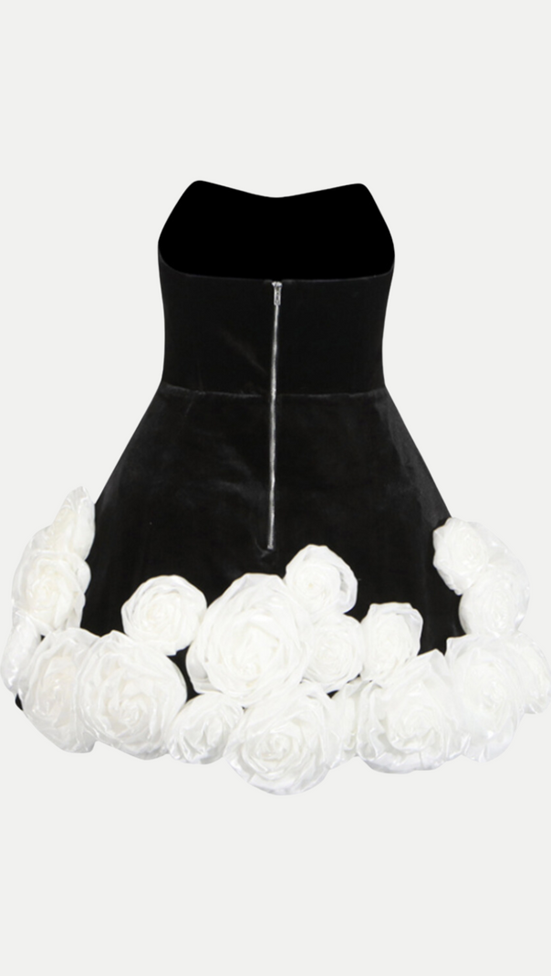 SEBAST FLOWER STRAPLESS VELVET MINI DRESS IN BLACK