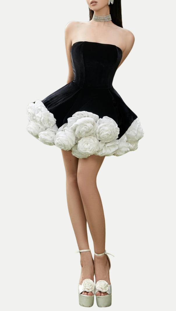 SEBAST FLOWER STRAPLESS VELVET MINI DRESS IN BLACK