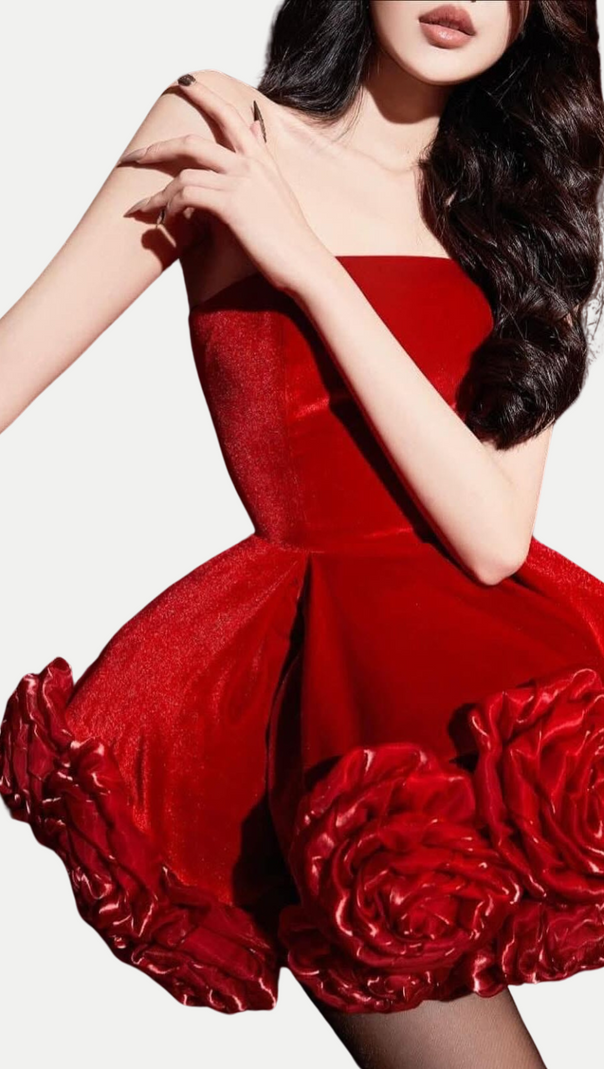 AIIZIE SEBAST FLOWER STRAPLESS VELVET MINI DRESS IN RED - product image