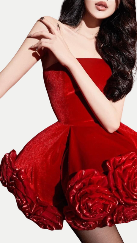 SEBAST FLOWER STRAPLESS VELVET MINI DRESS IN RED