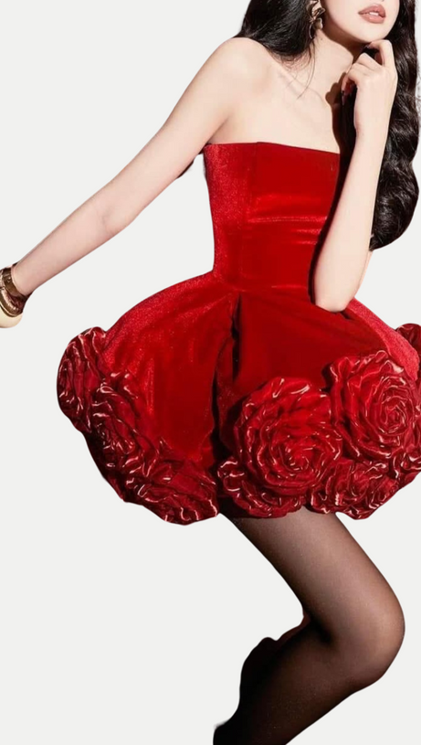 SEBAST FLOWER STRAPLESS VELVET MINI DRESS IN RED