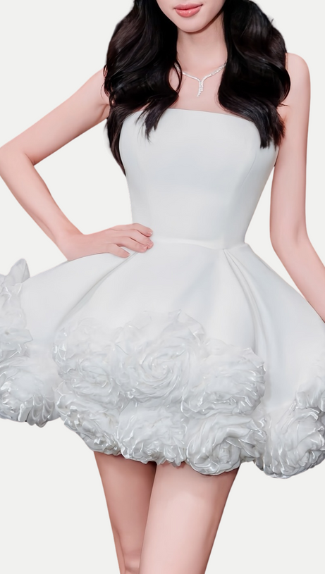 SEBAST FLOWER STRAPLESS VELVET MINI DRESS IN WHITE