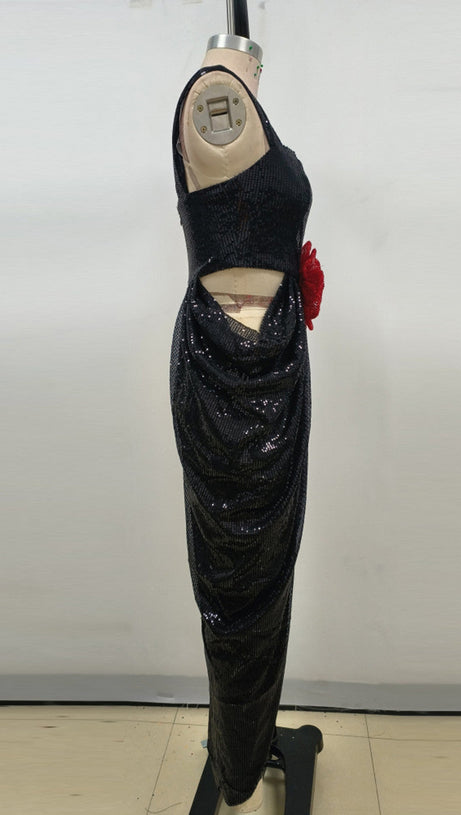 MIDNIGHT BLOOM 3D ROSE MAXI DRESS