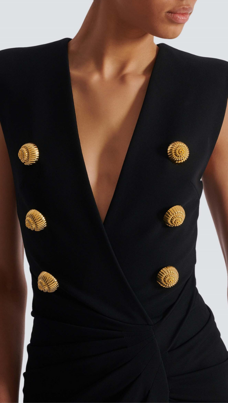 DEEP-V SLEEVELESS RUCHED SLIT MAXI DRESS IN BLACK