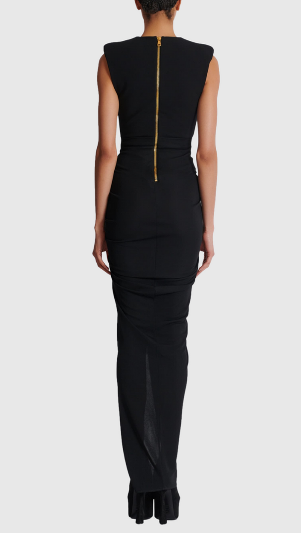 AIIZIE DEEP-V SLEEVELESS RUCHED SLIT MAXI DRESS IN BLACK - product image