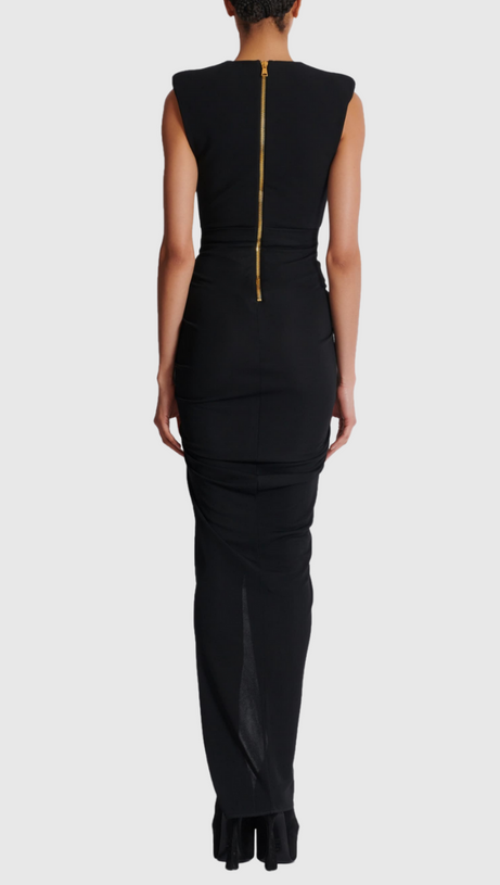 DEEP-V SLEEVELESS RUCHED SLIT MAXI DRESS IN BLACK