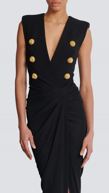 DEEP-V SLEEVELESS RUCHED SLIT MAXI DRESS IN BLACK