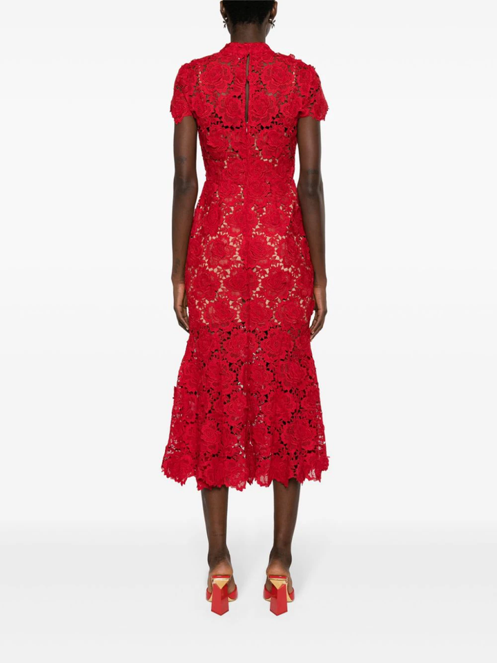 RED FLOWER LACE MIDI DRESS