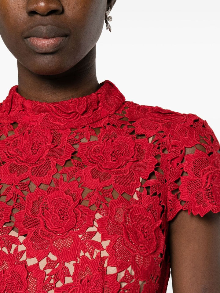 RED FLOWER LACE MIDI DRESS