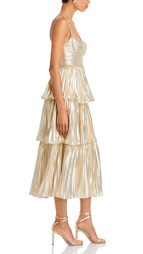 TIERED METALLIC MIDI DRESS