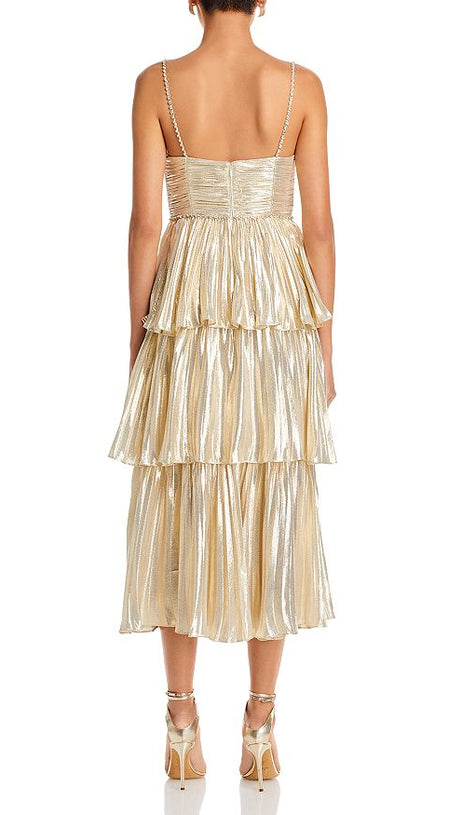 TIERED METALLIC MIDI DRESS