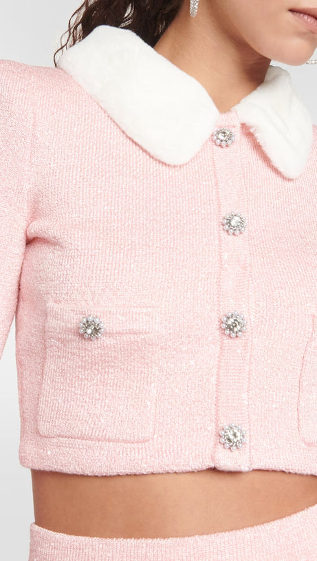 CARDIGAN ROSA CON COLLO IN PELLICCIA SINTETICA 