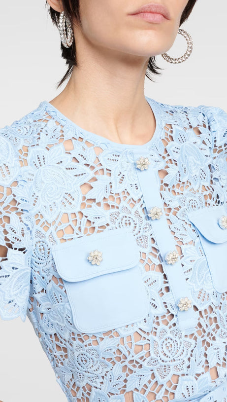 BLUE LACE PEPLUM MINI DRESS