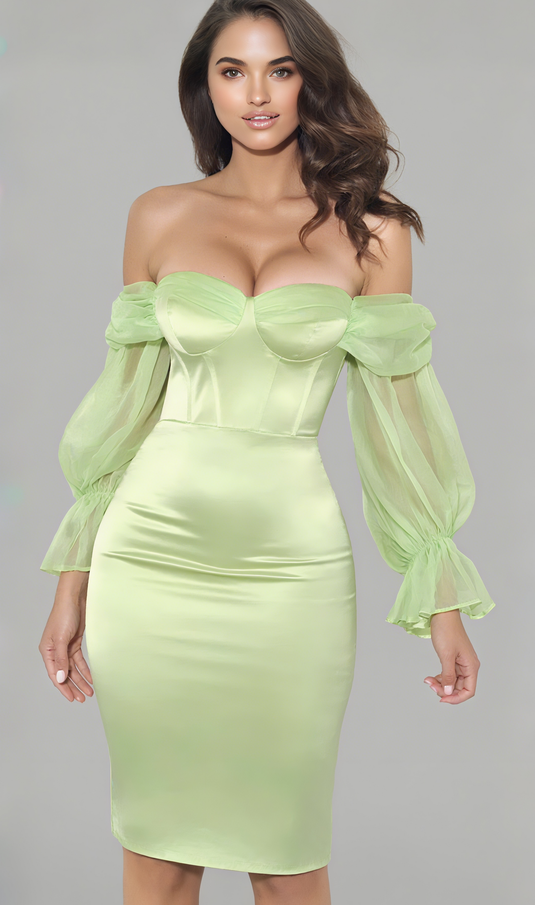 Trägerloses Minikleid aus Satin mit Puffärmeln in Mintgrün