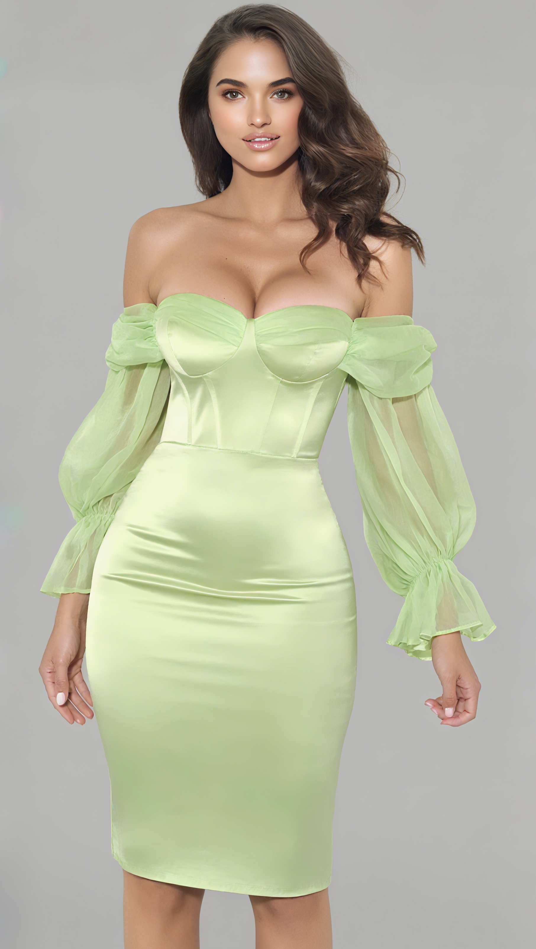 AIIZIE SATIN STRAPLESS PUFF SLEEVE MINI DRESS IN MINT - product image