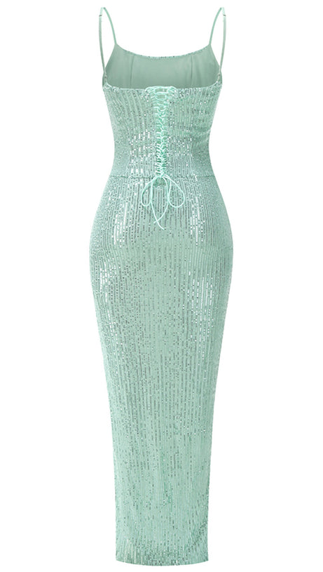 SEQUIN RUCHED HIGH SLIT MAXI DRESS IN GREEN