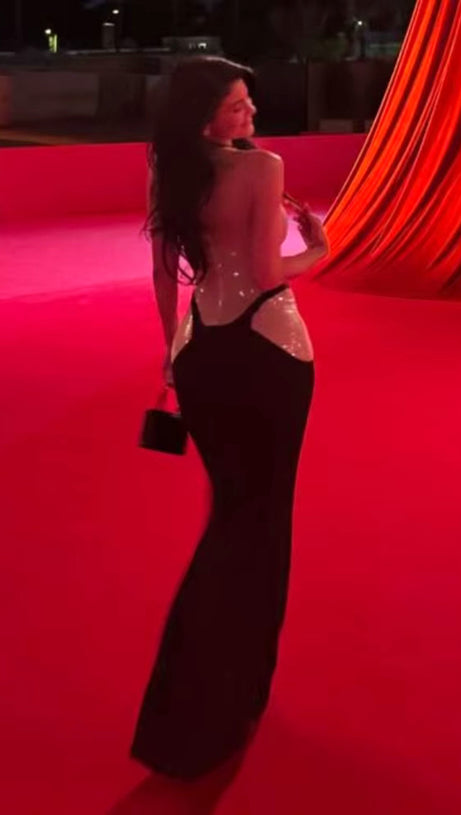 Pailletten-Maxikleid Nude Schwarz