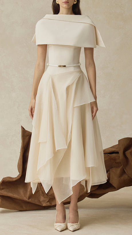 kelly beige Cape Sleeve Ruffle Midi Dress with belt