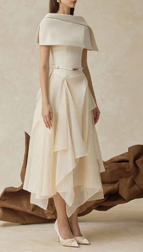 kelly beige Cape Sleeve Ruffle Midi Dress with belt