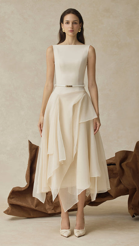 kelly beige Cape Sleeve Ruffle Midi Dress with belt