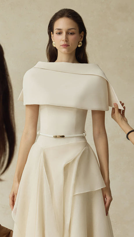 kelly beige Cape Sleeve Ruffle Midi Dress with belt
