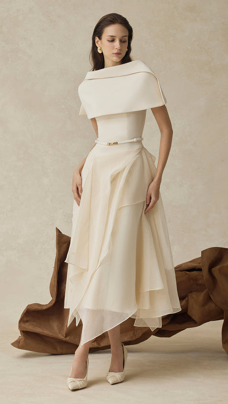 kelly beige Cape Sleeve Ruffle Midi Dress with belt
