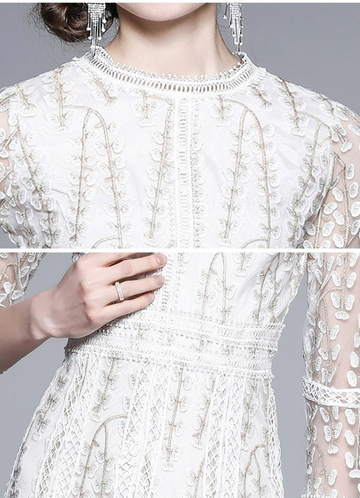 AIIZIE josephine Lace embroidered mesh midi dress in white - product image