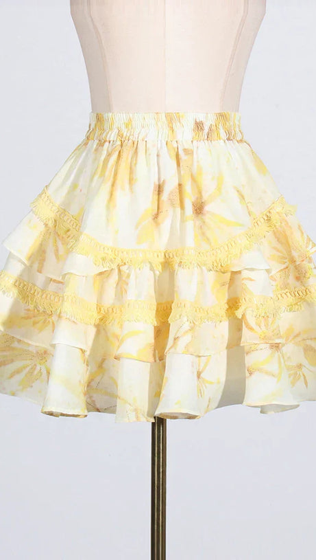 MABEL LAYER TRIM PRINT LANTERN SLEEVE MINI DRESS IN YELLOW