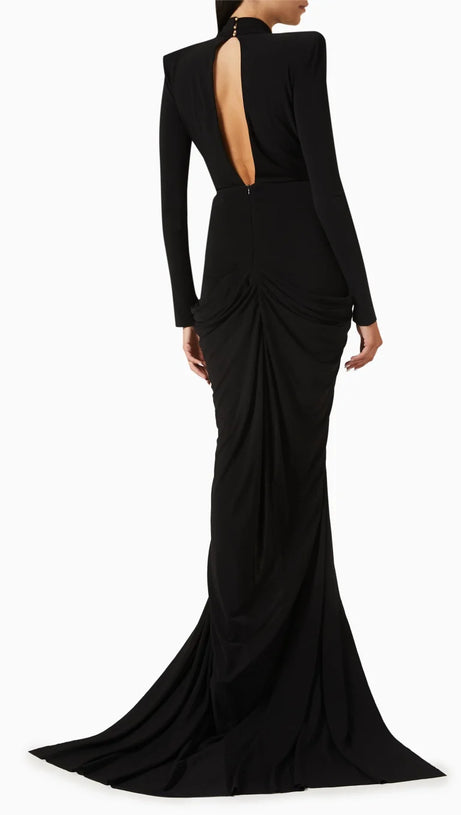BLACK STRETCHY GOLD FLOWER EMBROIDERED V-NECK LONG SLEEVED MAXI DRESS