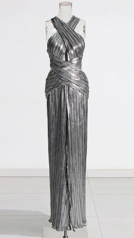 ELSA METALLIC CRISS CROSS HALTER NECK GOWN