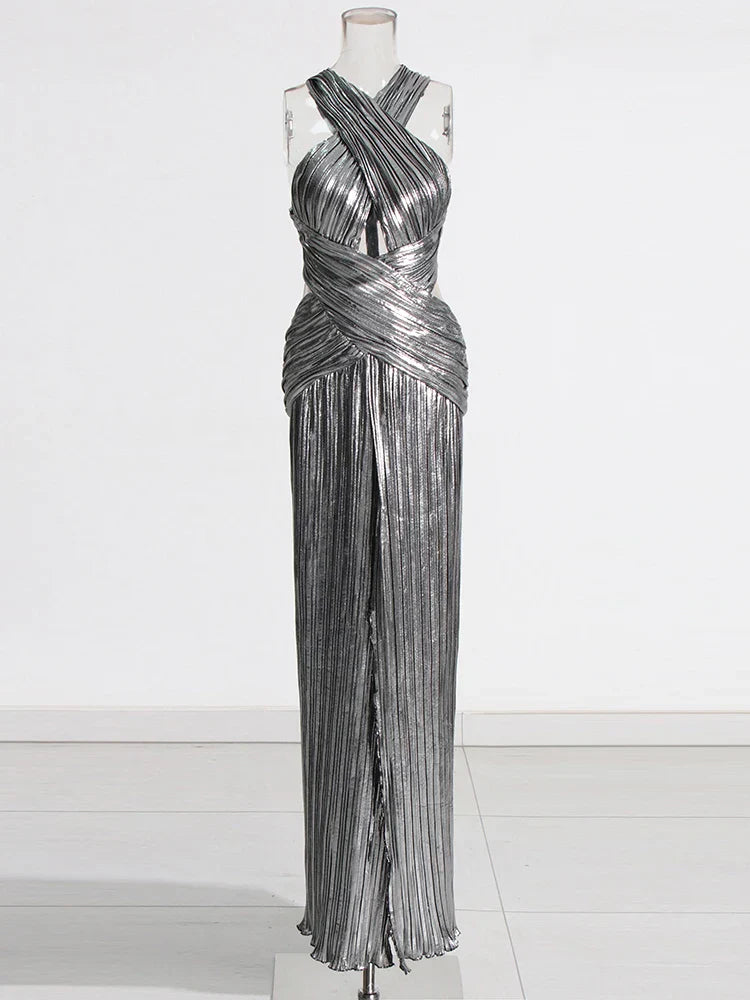 AIIZIE ELSA METALLIC CRISS CROSS HALTER NECK GOWN - product image
