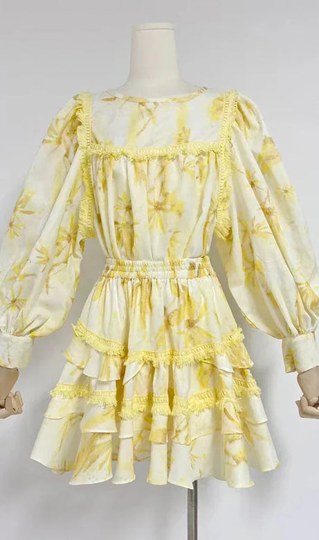 MABEL MINIKLEID MIT LATERNENÄRMELN UND LAYER-BESATZ IN GELB