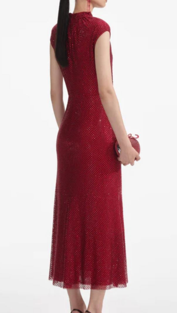 AIIZIE SHARRIE FLOWER RHINESTONE EMBELLISHED FISHNET MIDI DRESS - product image