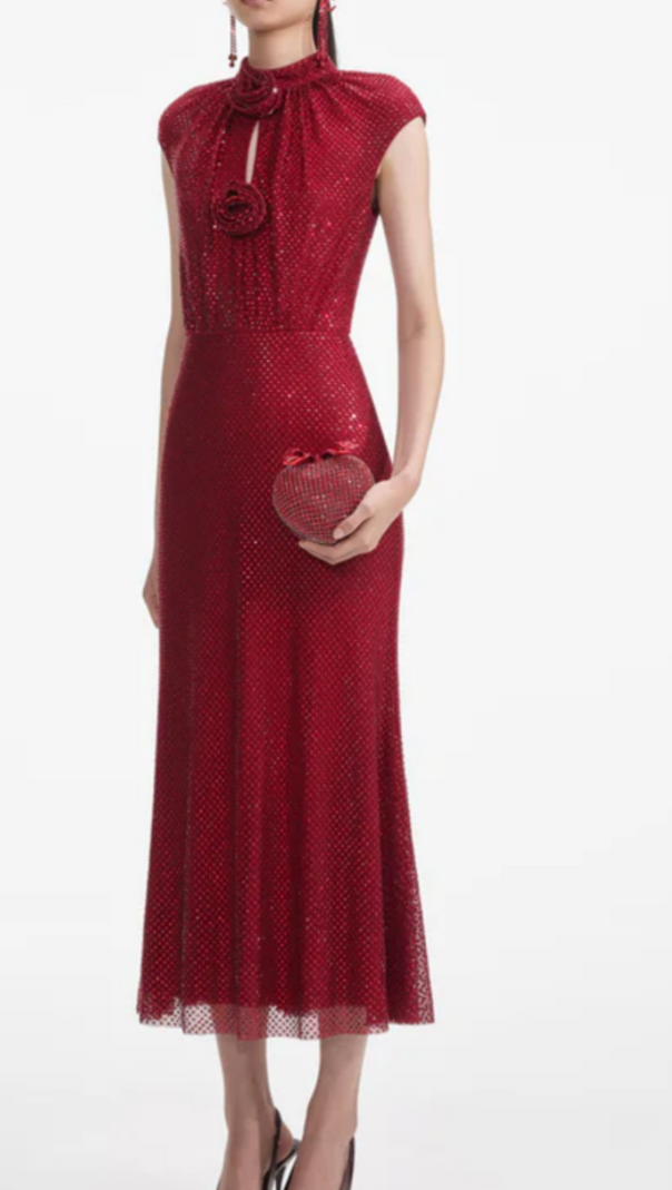 AIIZIE SHARRIE FLOWER RHINESTONE EMBELLISHED FISHNET MIDI DRESS - product image
