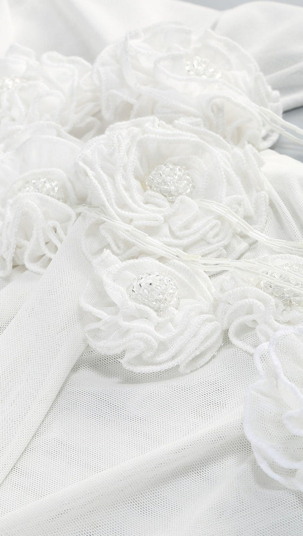 AIIZIE HAZEL ONE SHOULDER FLORAL MESH RUCHED MINI DRESS IN WHITE - product image