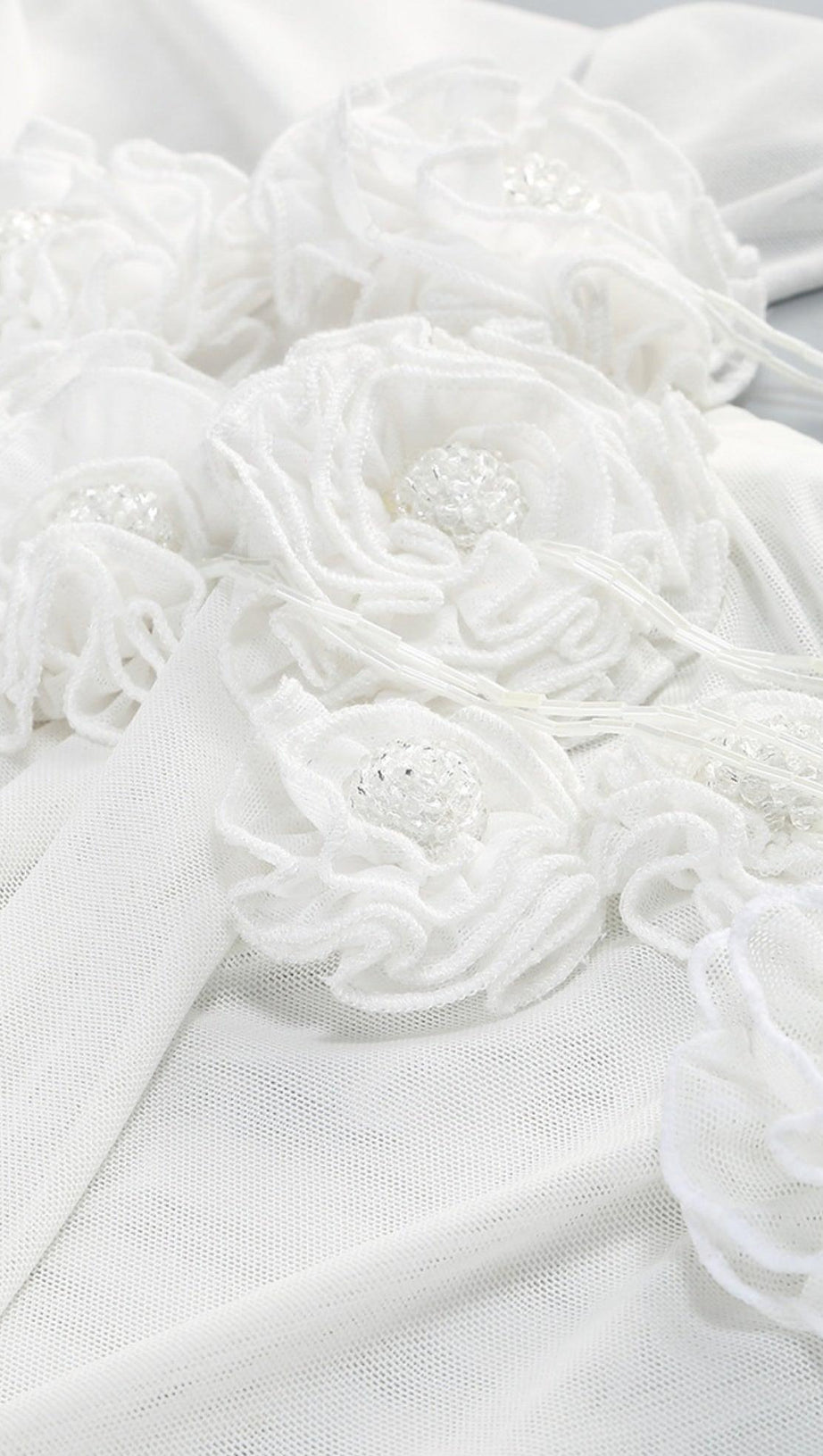 HAZEL ONE SHOULDER FLORAL MESH RUCHED MINI DRESS IN WHITE