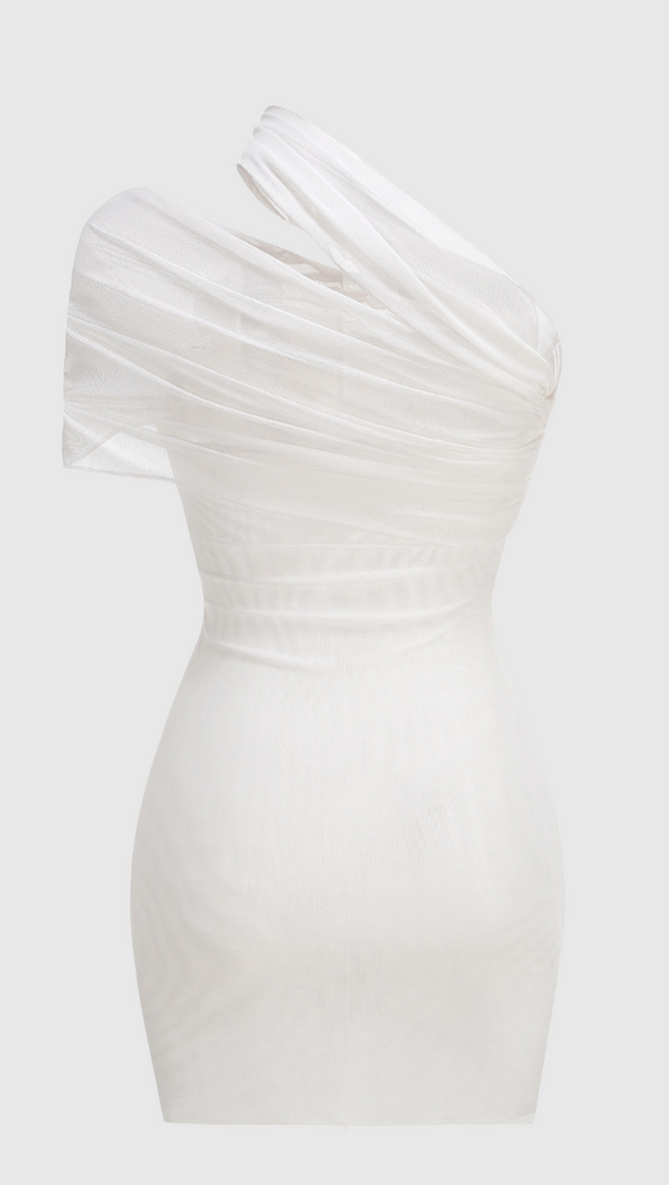 AIIZIE HAZEL ONE SHOULDER FLORAL MESH RUCHED MINI DRESS IN WHITE - product image