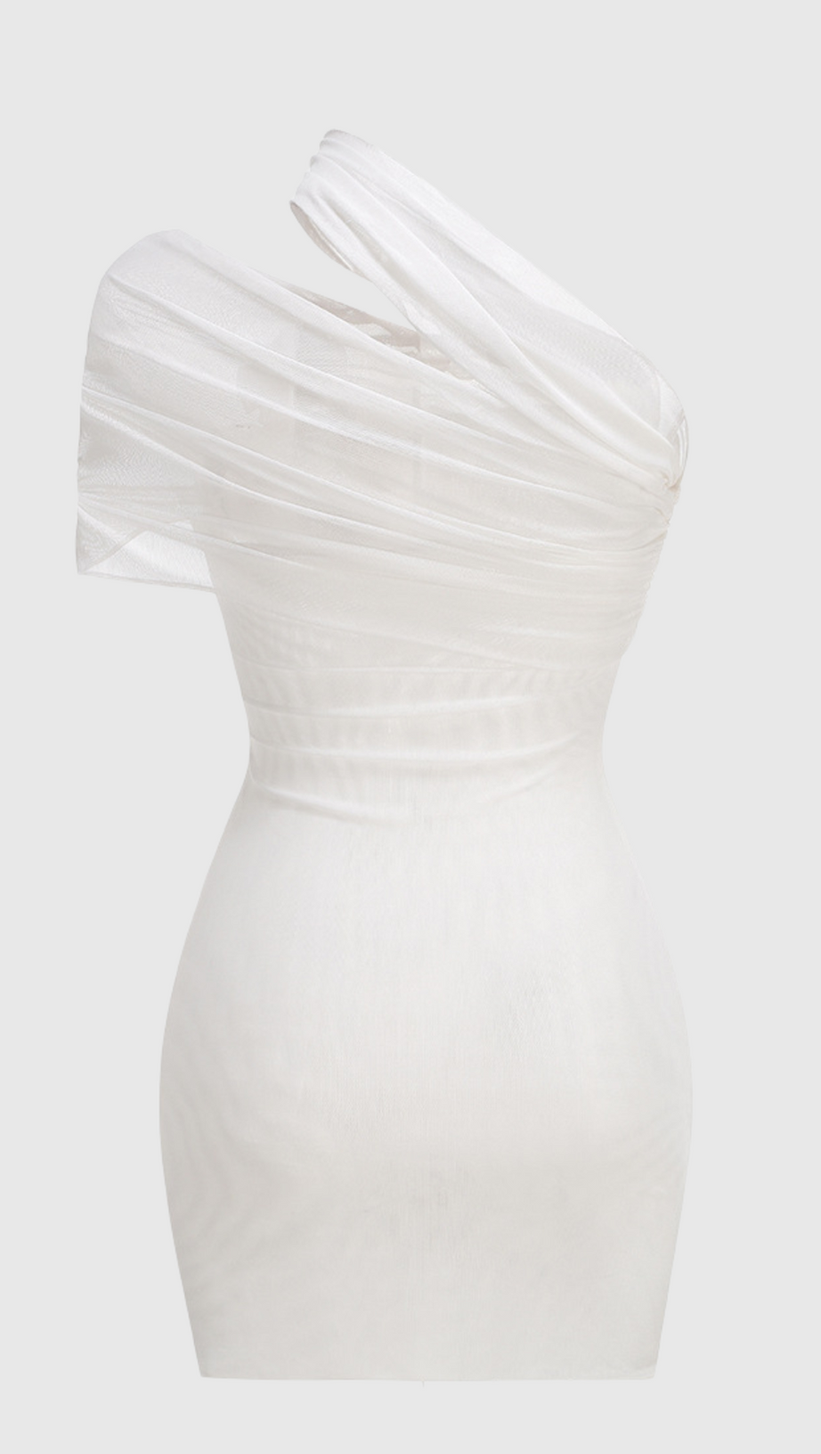 HAZEL ONE SHOULDER FLORAL MESH RUCHED MINI DRESS IN WHITE