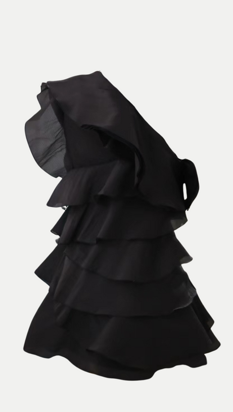 SHELYN FLOWER ONE SHOULDER RUFFLE MINI DRESS IN BLACK