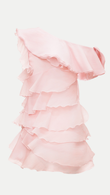 SHELYN FLOWER ONE SHOULDER RUFFLE MINI DRESS - PINK
