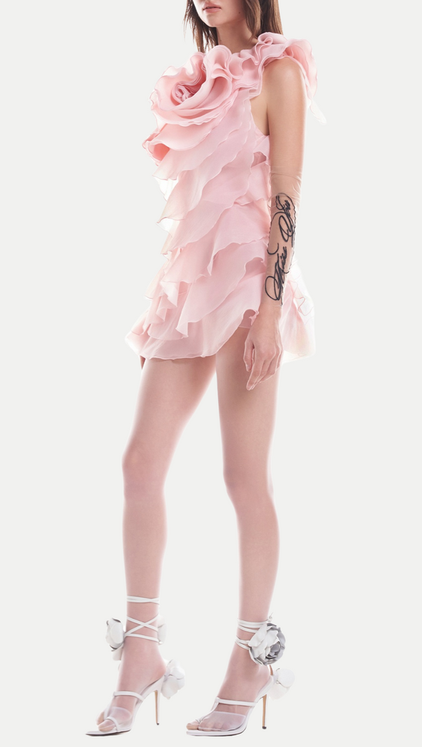 AIIZIE SHELYN FLOWER ONE SHOULDER RUFFLE MINI DRESS - PINK - product image